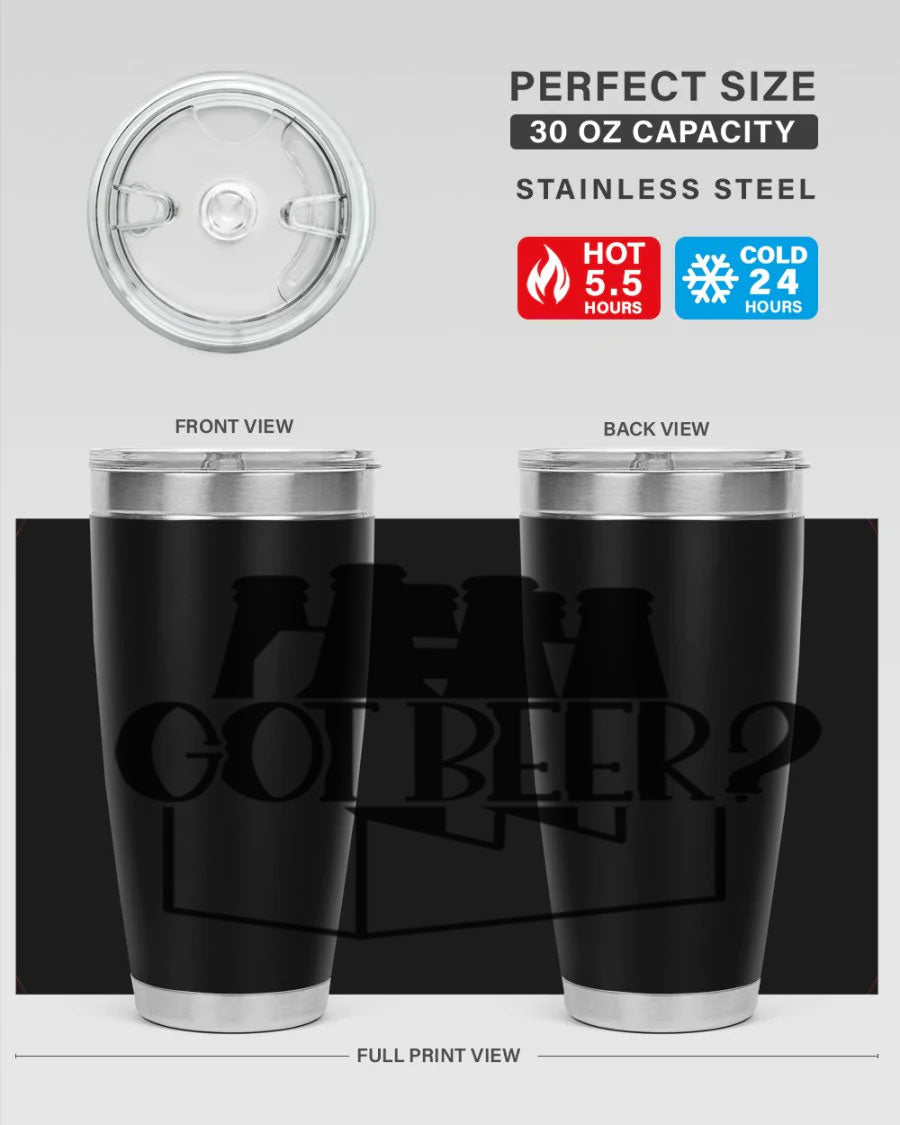 Got Beer 37# Tumbler in stainless steel with a drink-thru lid, showcasing its sleek design and double wall insulation.