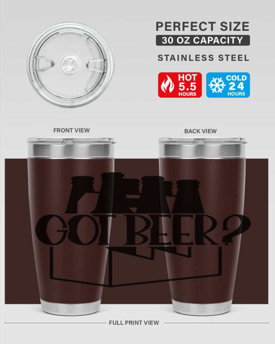 Got Beer 37# Tumbler in stainless steel with a drink-thru lid, showcasing its sleek design and double wall insulation.