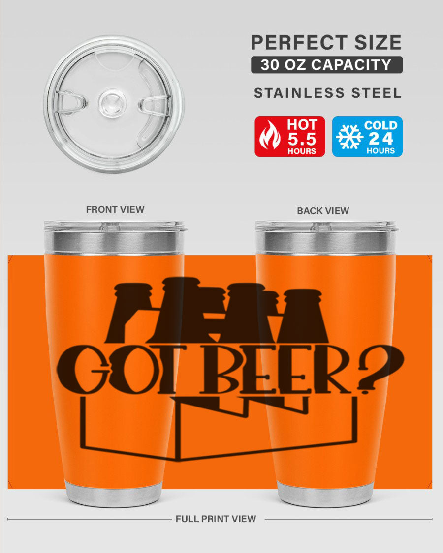 Got Beer 37# Tumbler in stainless steel with a drink-thru lid, showcasing its sleek design and double wall insulation.