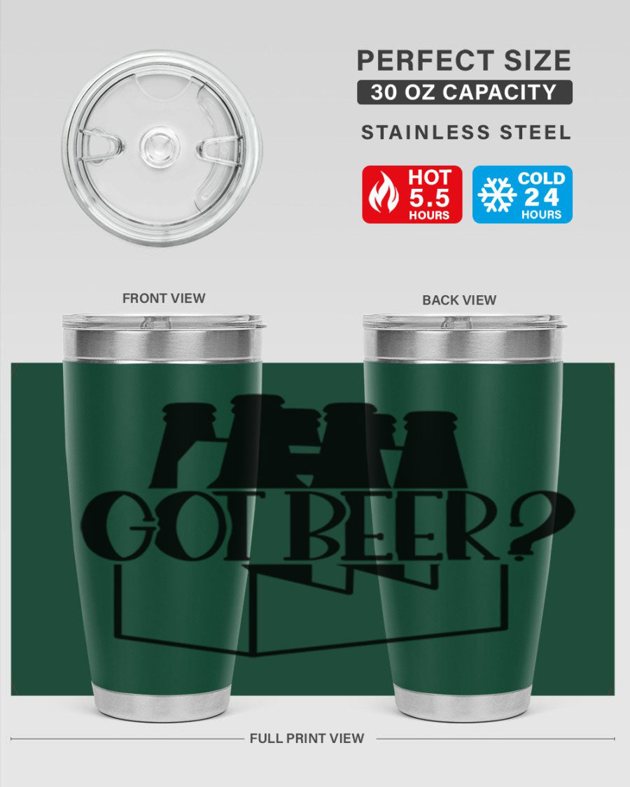 Got Beer 37# Tumbler in stainless steel with a drink-thru lid, showcasing its sleek design and double wall insulation.
