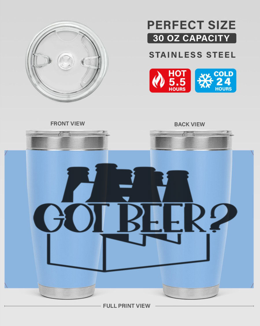 Got Beer 37# Tumbler in stainless steel with a drink-thru lid, showcasing its sleek design and double wall insulation.