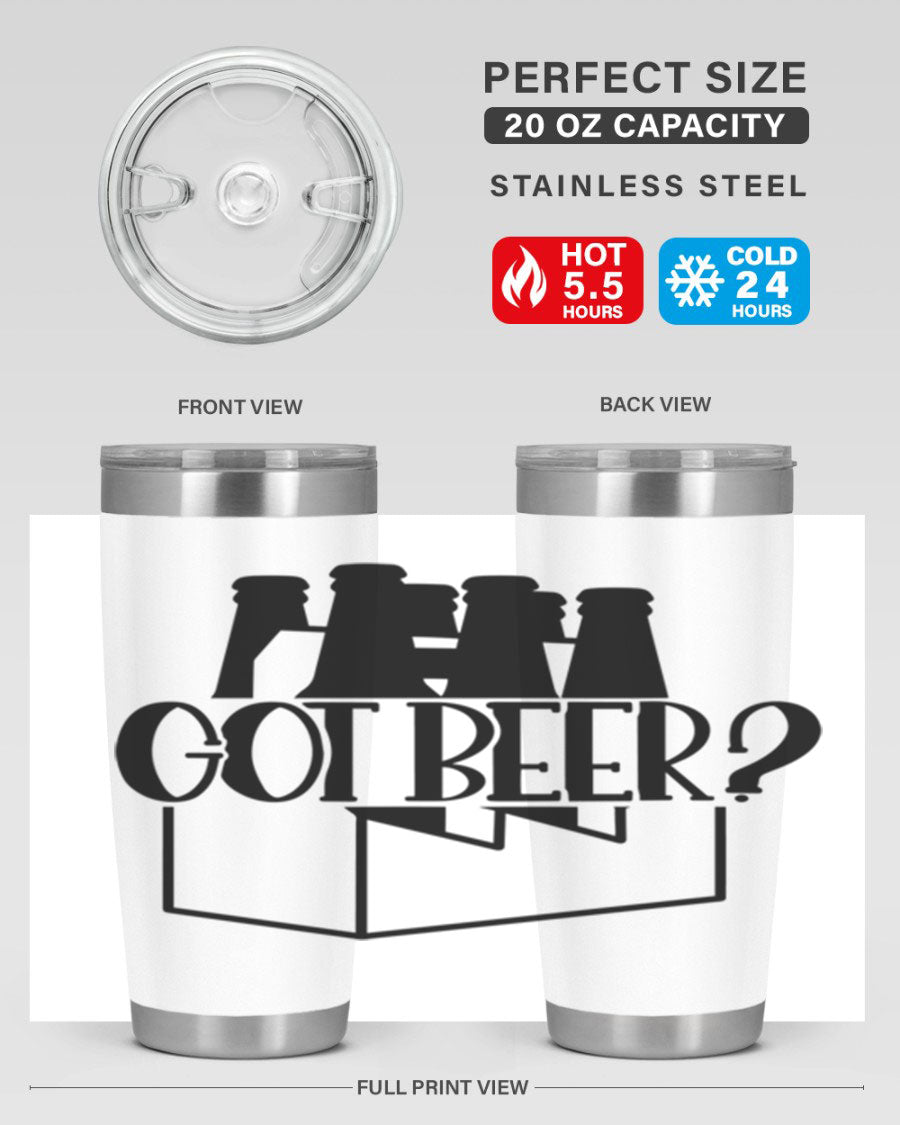 Got Beer 37# Tumbler in stainless steel with a drink-thru lid, showcasing its sleek design and double wall insulation.