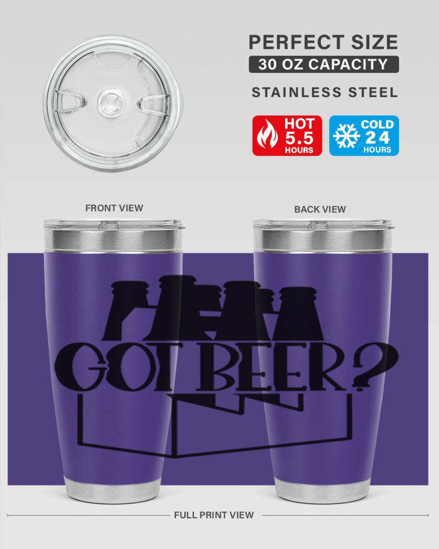 Got Beer 37# Tumbler in stainless steel with a drink-thru lid, showcasing its sleek design and double wall insulation.