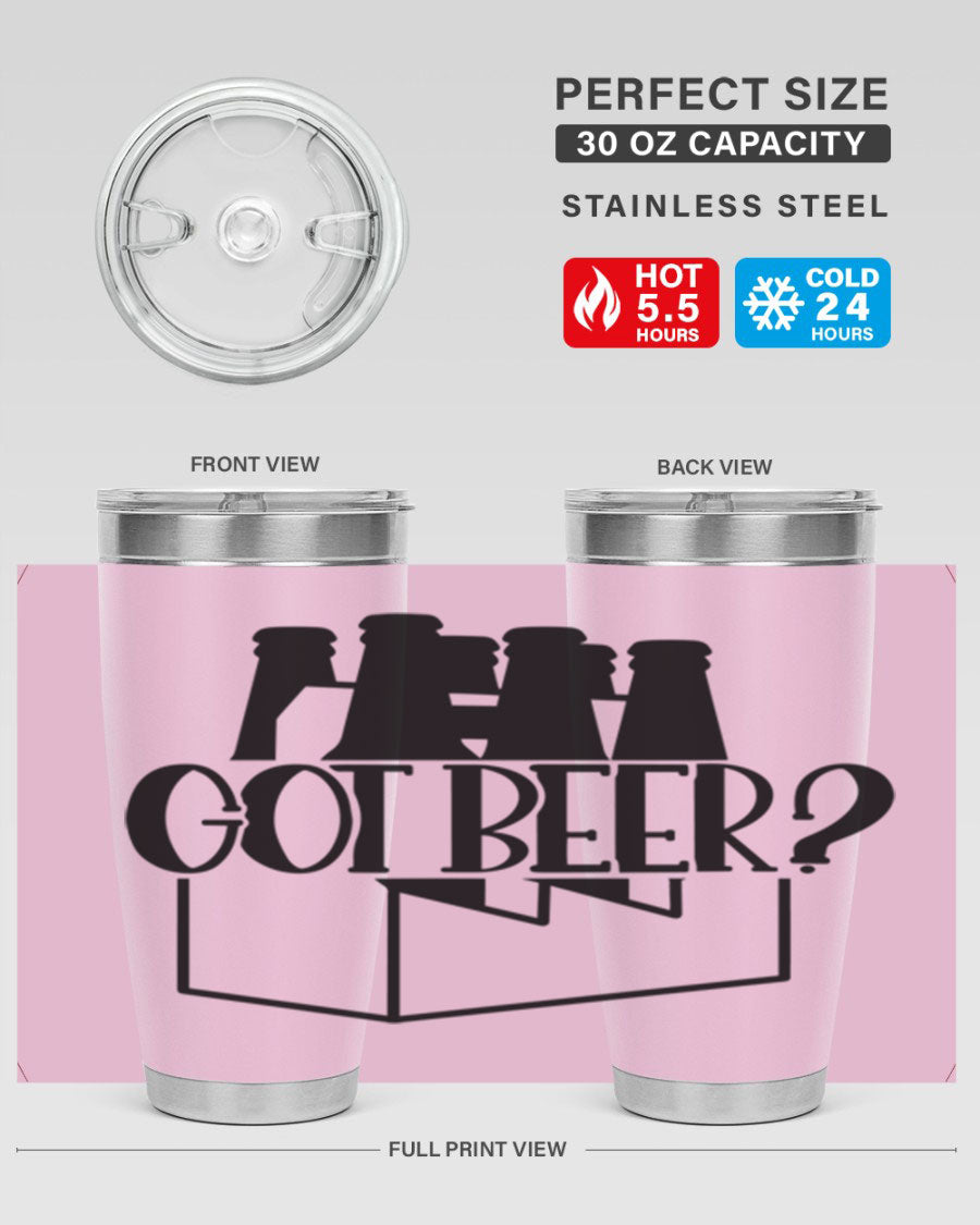 Got Beer 37# Tumbler in stainless steel with a drink-thru lid, showcasing its sleek design and double wall insulation.