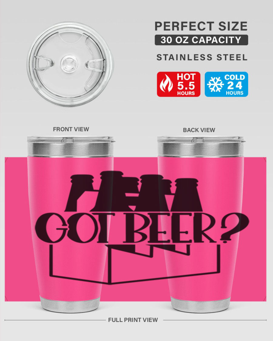 Got Beer 37# Tumbler in stainless steel with a drink-thru lid, showcasing its sleek design and double wall insulation.