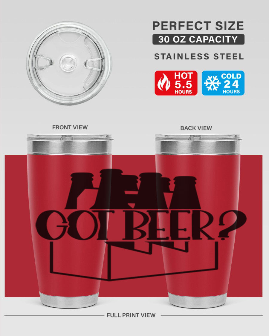 Got Beer 37# Tumbler in stainless steel with a drink-thru lid, showcasing its sleek design and double wall insulation.
