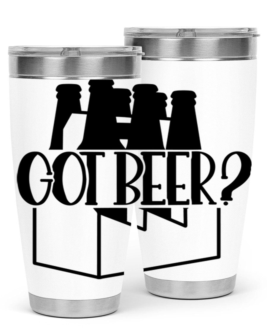 Got Beer 37# Tumbler in stainless steel with a drink-thru lid, showcasing its sleek design and double wall insulation.