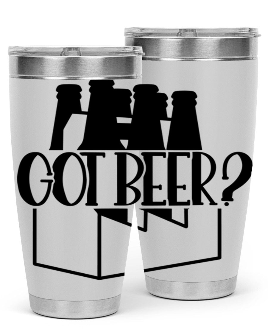 Got Beer 37# Tumbler in stainless steel with a drink-thru lid, showcasing its sleek design and double wall insulation.