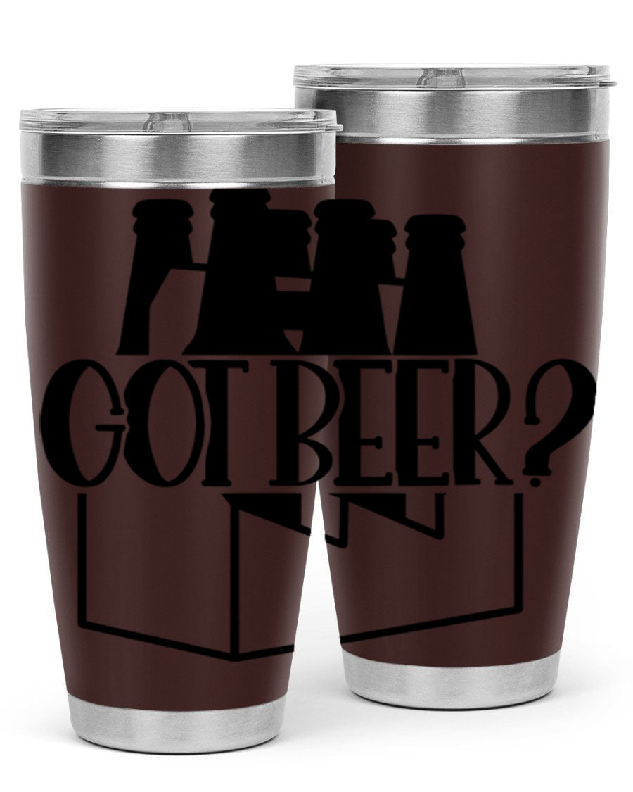 Got Beer 37# Tumbler in stainless steel with a drink-thru lid, showcasing its sleek design and double wall insulation.
