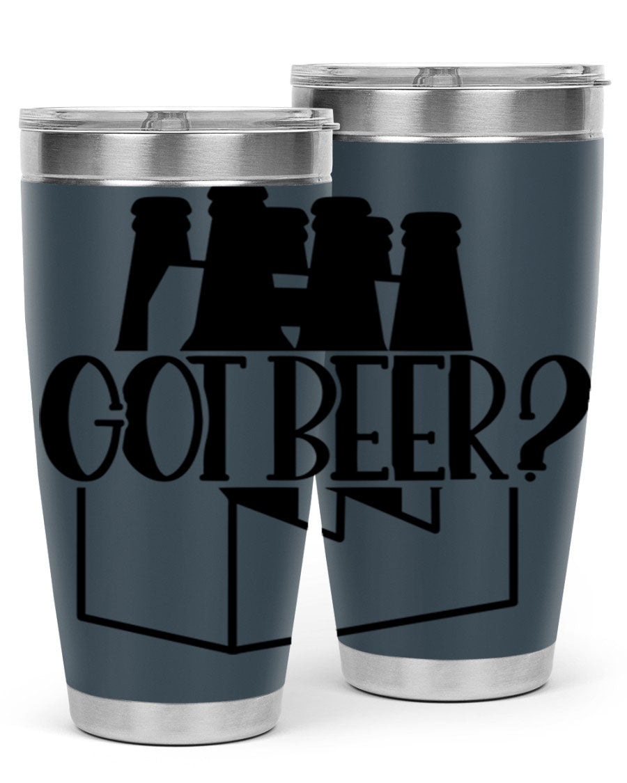 Got Beer 37# Tumbler in stainless steel with a drink-thru lid, showcasing its sleek design and double wall insulation.