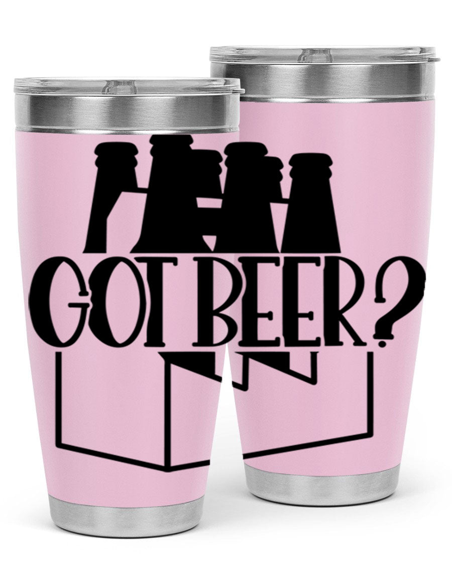Got Beer 37# Tumbler in stainless steel with a drink-thru lid, showcasing its sleek design and double wall insulation.