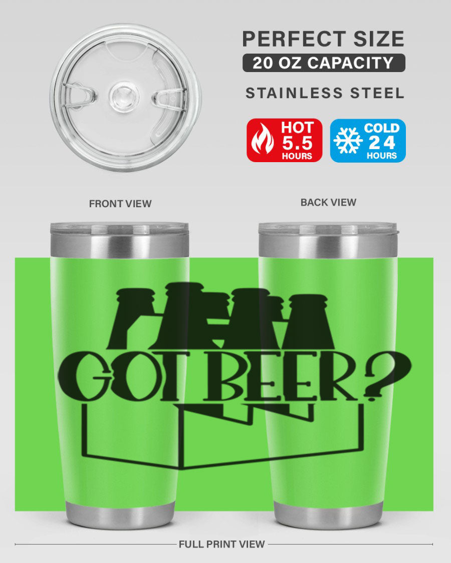 Got Beer 37# Tumbler in stainless steel with a drink-thru lid, showcasing its sleek design and double wall insulation.