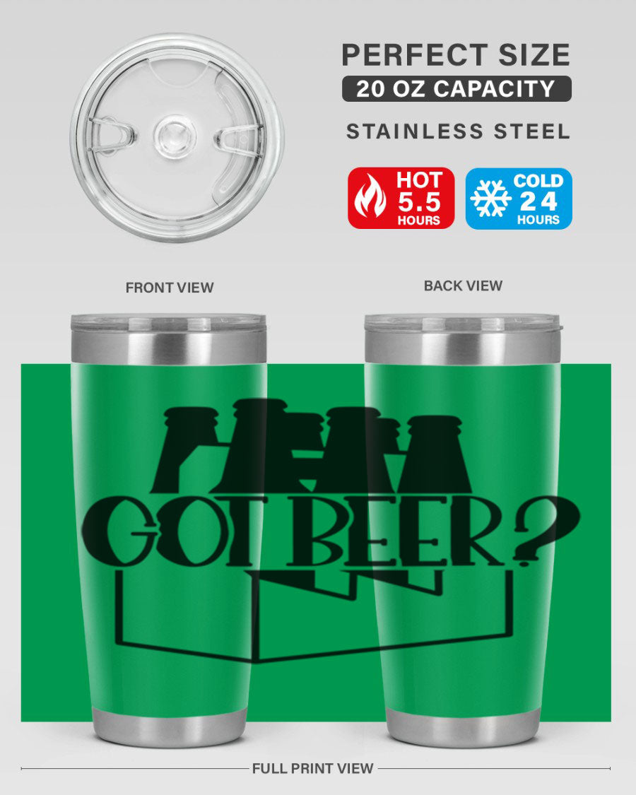 Got Beer 37# Tumbler in stainless steel with a drink-thru lid, showcasing its sleek design and double wall insulation.