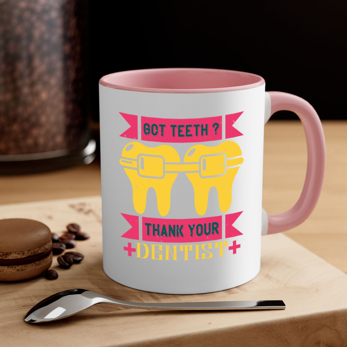 Got Teeth Thank Your Style 40# Mug featuring a two-tone design with a colored handle and glossy finish, available in multiple colors.