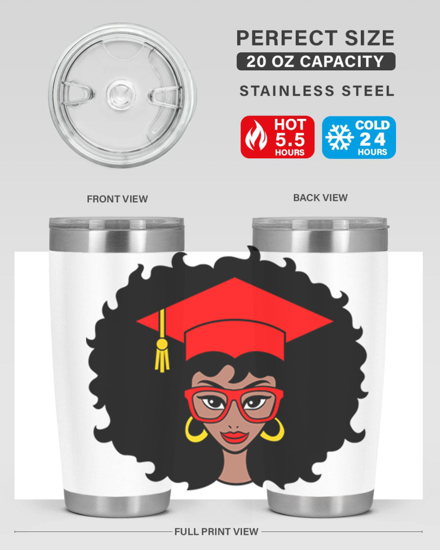 Graduation tumbler featuring a black woman design, available in 20oz and 30oz sizes, made of stainless steel.