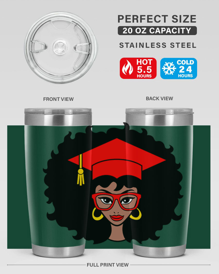 Graduation tumbler featuring a black woman design, available in 20oz and 30oz sizes, made of stainless steel.