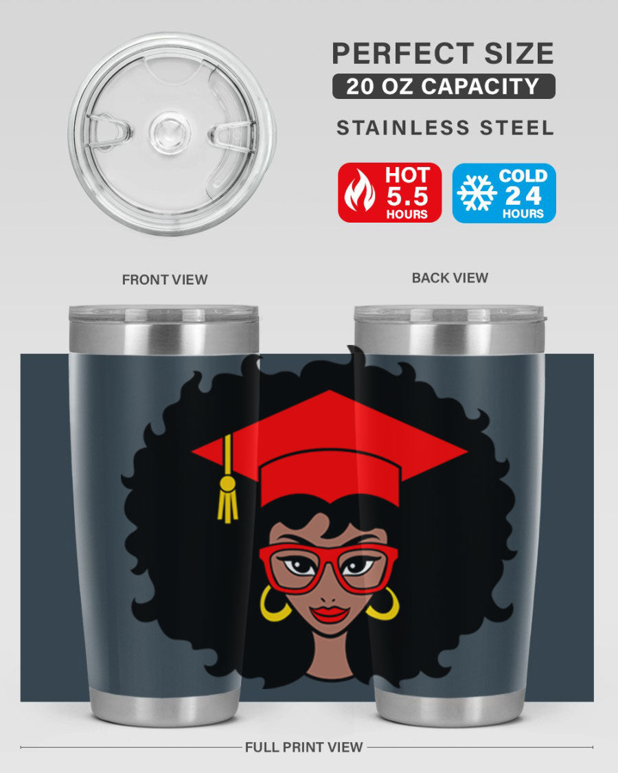 Graduation tumbler featuring a black woman design, available in 20oz and 30oz sizes, made of stainless steel.