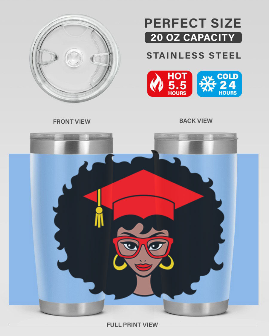 Graduation tumbler featuring a black woman design, available in 20oz and 30oz sizes, made of stainless steel.