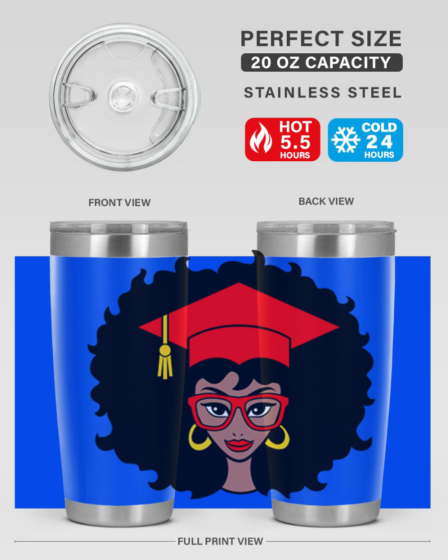 Graduation tumbler featuring a black woman design, available in 20oz and 30oz sizes, made of stainless steel.