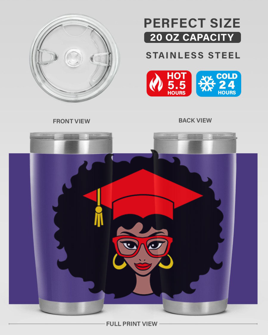 Graduation tumbler featuring a black woman design, available in 20oz and 30oz sizes, made of stainless steel.