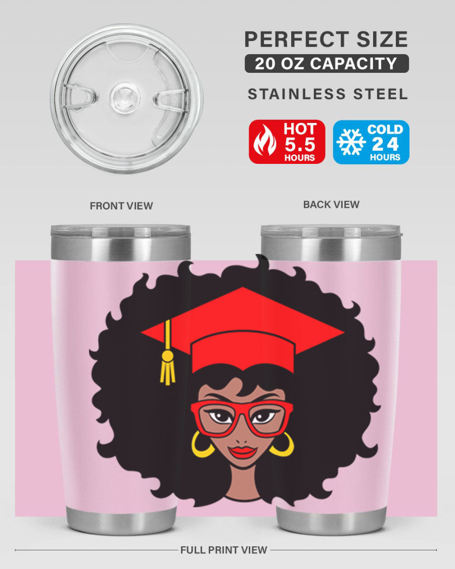 Graduation tumbler featuring a black woman design, available in 20oz and 30oz sizes, made of stainless steel.