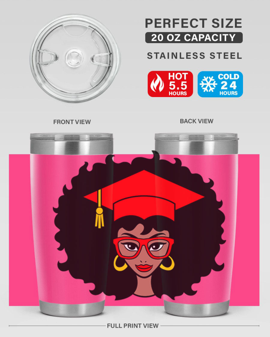 Graduation tumbler featuring a black woman design, available in 20oz and 30oz sizes, made of stainless steel.