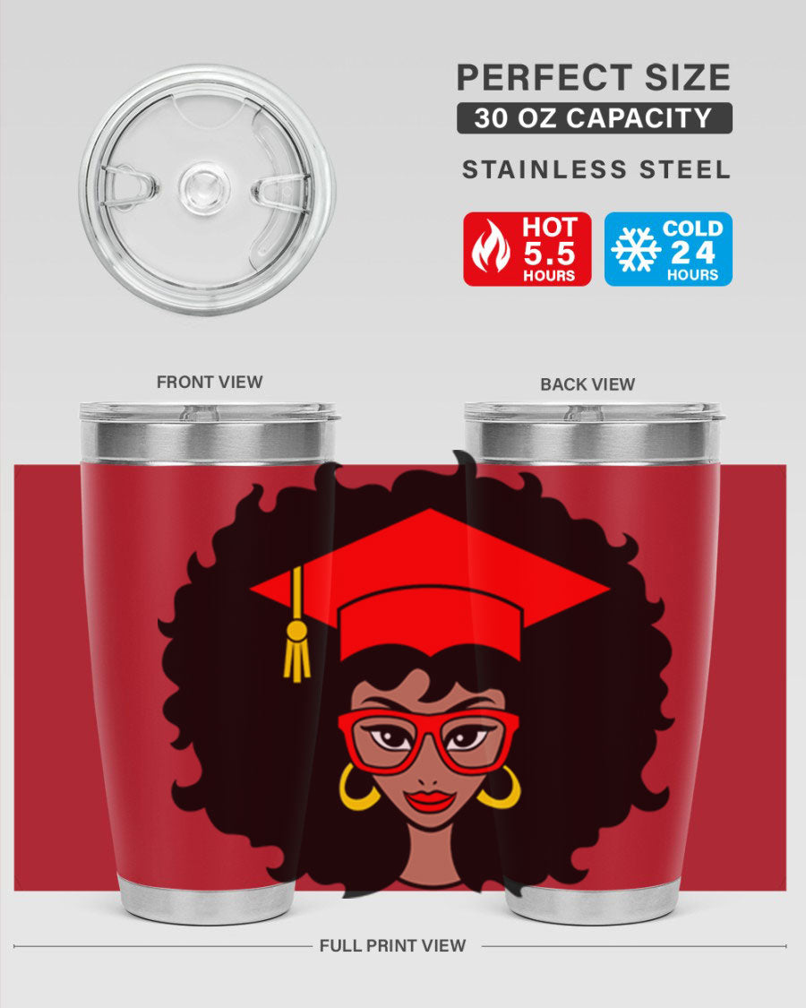 Graduation tumbler featuring a black woman design, available in 20oz and 30oz sizes, made of stainless steel.