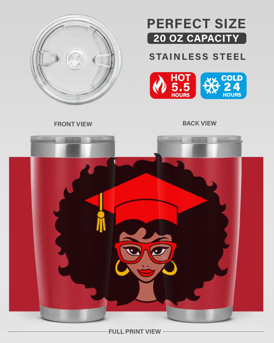 Graduation tumbler featuring a black woman design, available in 20oz and 30oz sizes, made of stainless steel.