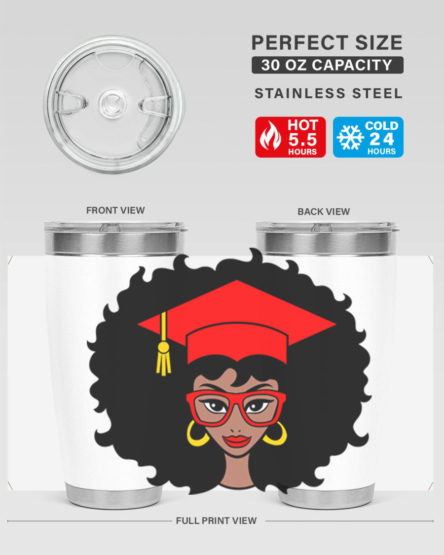 Graduation tumbler featuring a black woman design, available in 20oz and 30oz sizes, made of stainless steel.