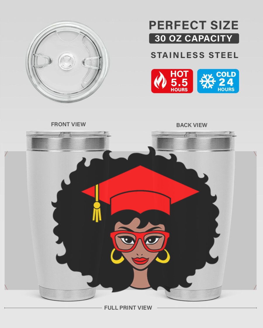 Graduation tumbler featuring a black woman design, available in 20oz and 30oz sizes, made of stainless steel.