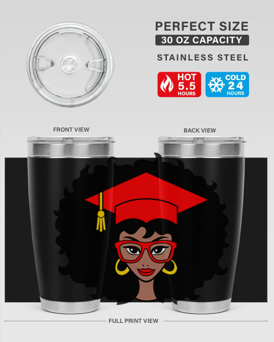 Graduation tumbler featuring a black woman design, available in 20oz and 30oz sizes, made of stainless steel.