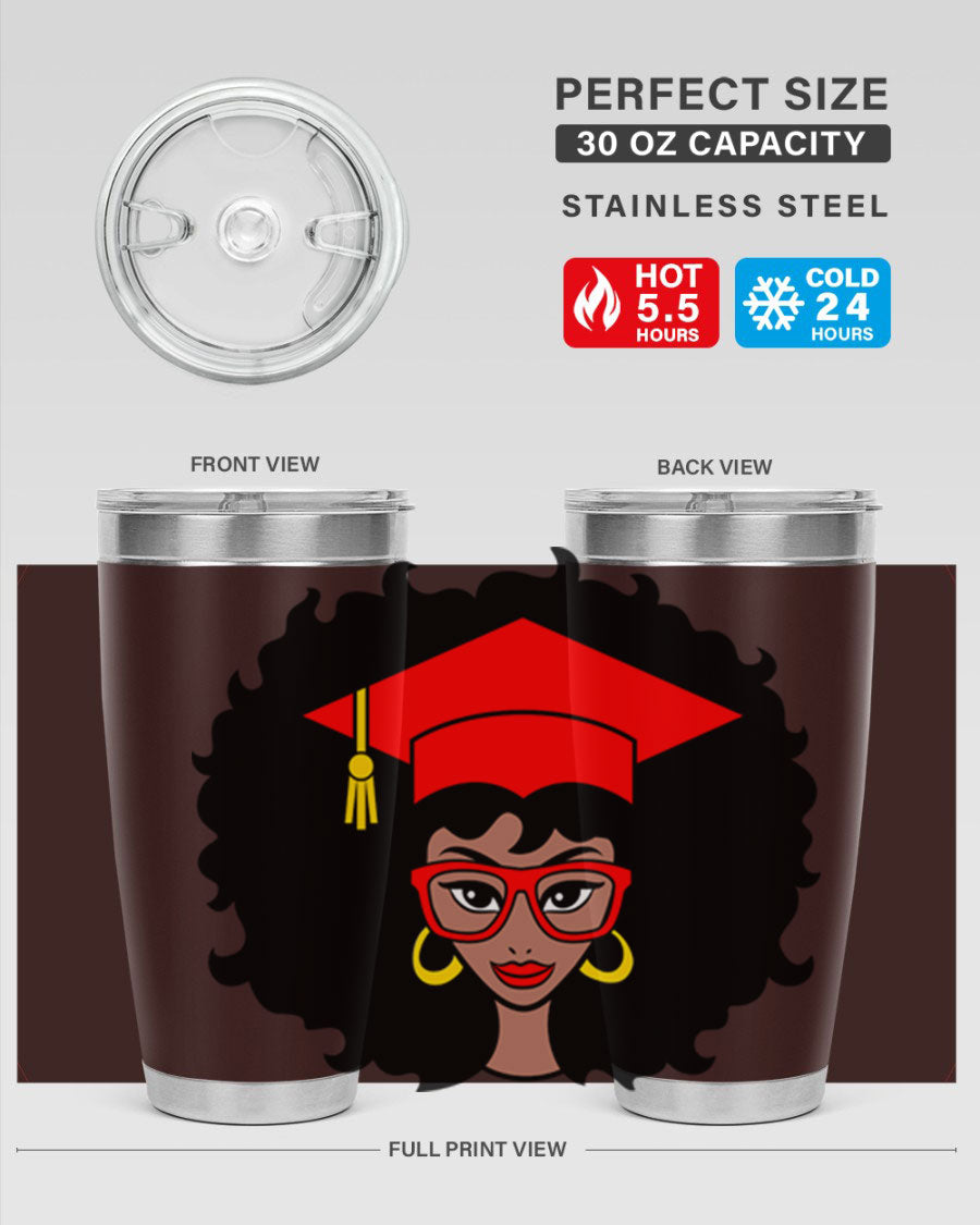 Graduation tumbler featuring a black woman design, available in 20oz and 30oz sizes, made of stainless steel.