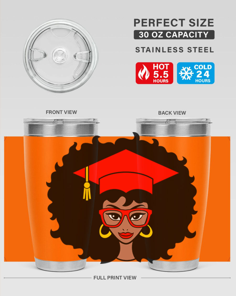 Graduation tumbler featuring a black woman design, available in 20oz and 30oz sizes, made of stainless steel.