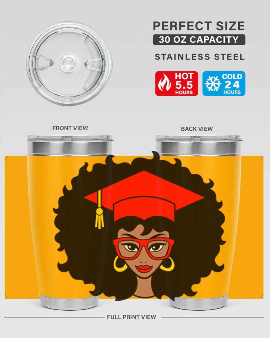 Graduation tumbler featuring a black woman design, available in 20oz and 30oz sizes, made of stainless steel.