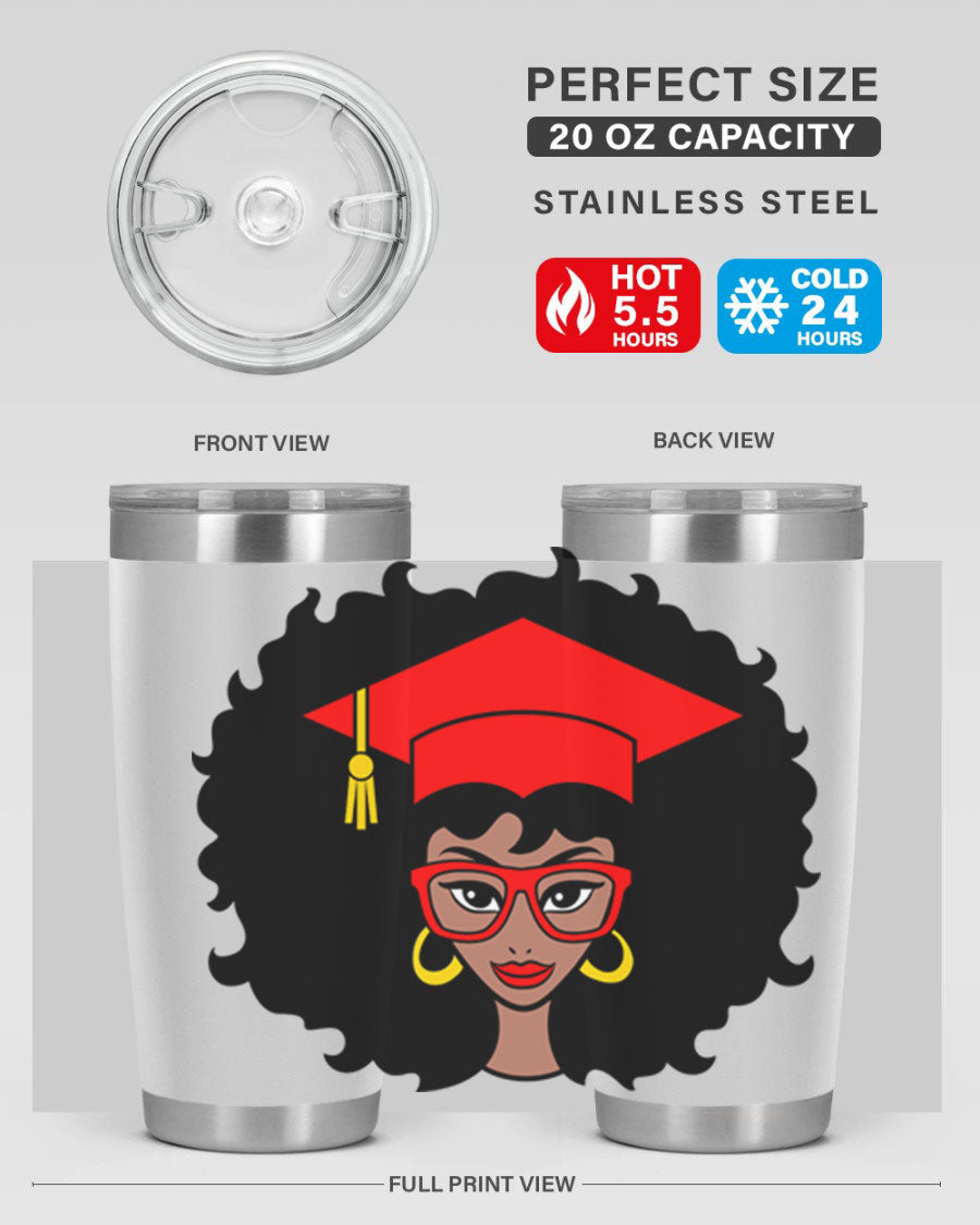 Graduation tumbler featuring a black woman design, available in 20oz and 30oz sizes, made of stainless steel.