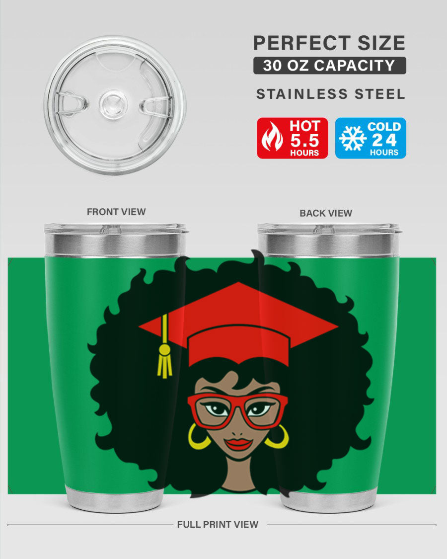 Graduation tumbler featuring a black woman design, available in 20oz and 30oz sizes, made of stainless steel.