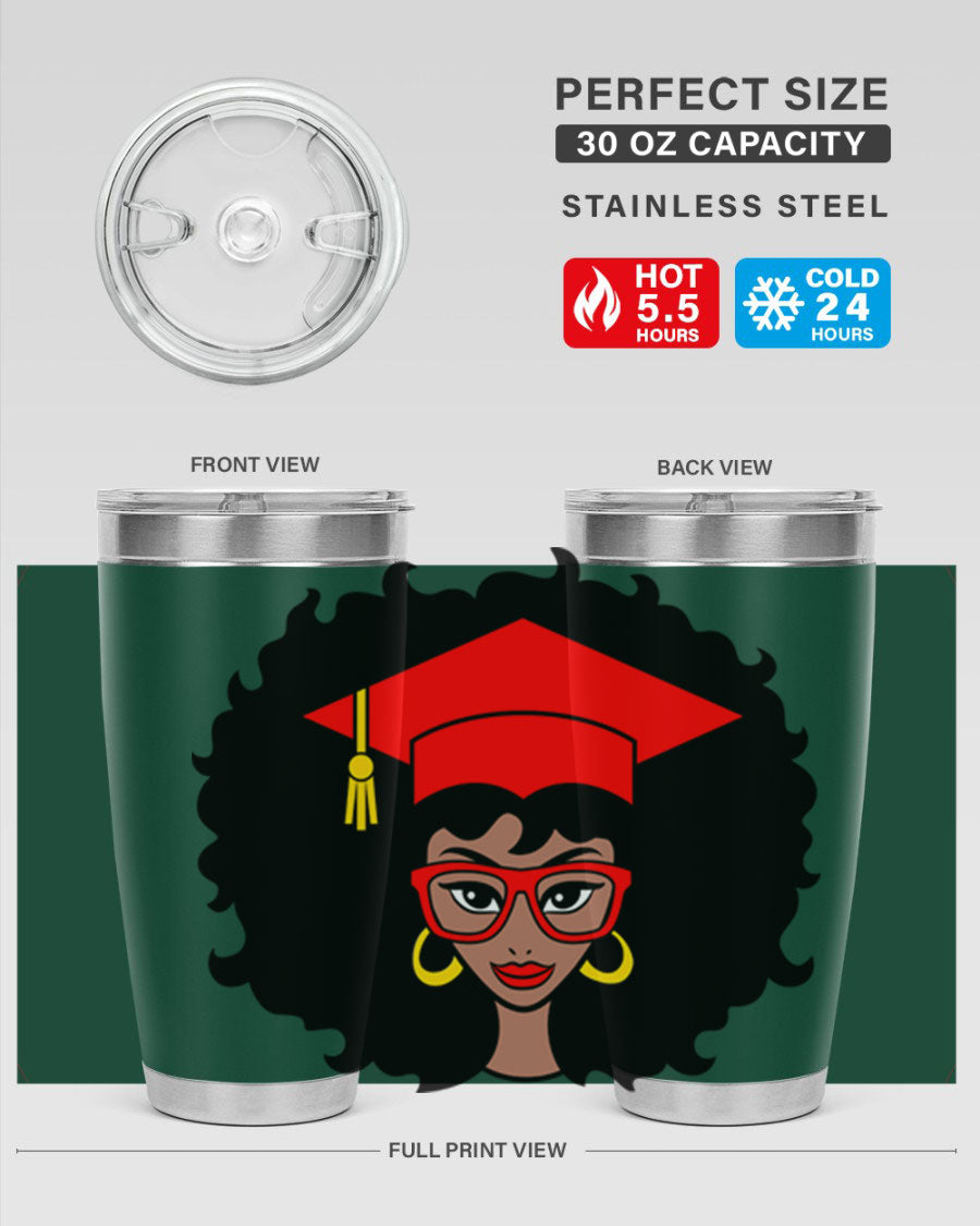 Graduation tumbler featuring a black woman design, available in 20oz and 30oz sizes, made of stainless steel.