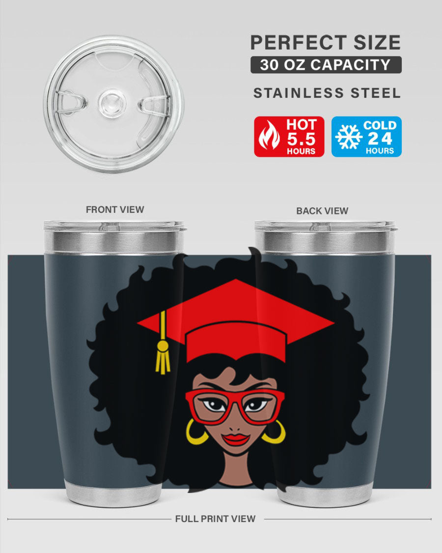 Graduation tumbler featuring a black woman design, available in 20oz and 30oz sizes, made of stainless steel.