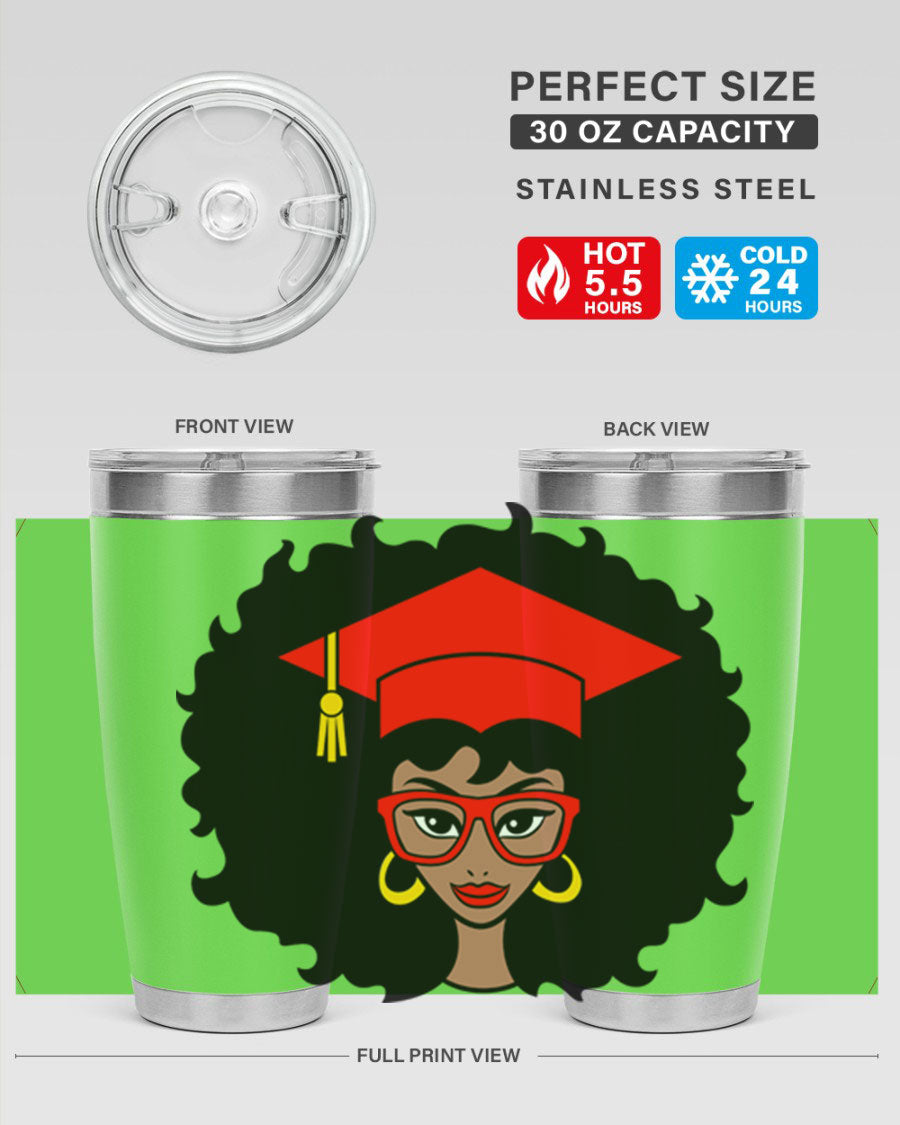 Graduation tumbler featuring a black woman design, available in 20oz and 30oz sizes, made of stainless steel.