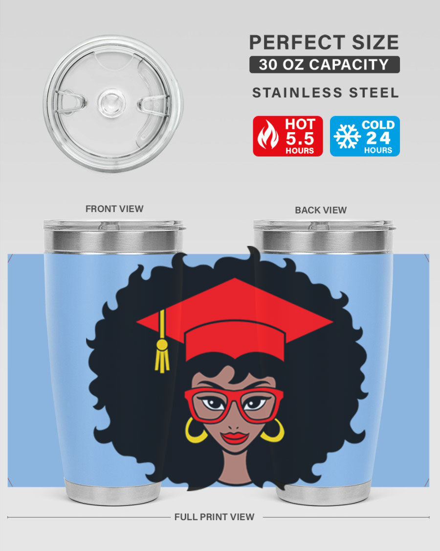 Graduation tumbler featuring a black woman design, available in 20oz and 30oz sizes, made of stainless steel.