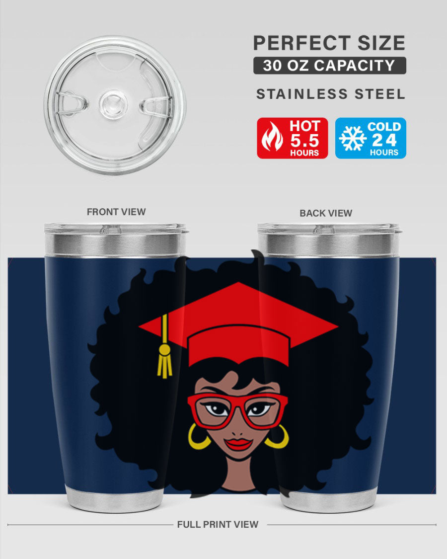 Graduation tumbler featuring a black woman design, available in 20oz and 30oz sizes, made of stainless steel.