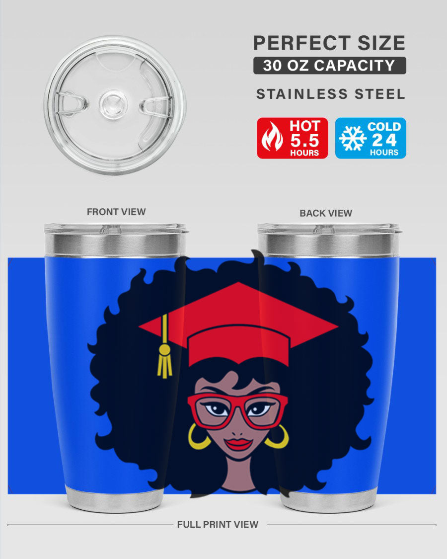 Graduation tumbler featuring a black woman design, available in 20oz and 30oz sizes, made of stainless steel.