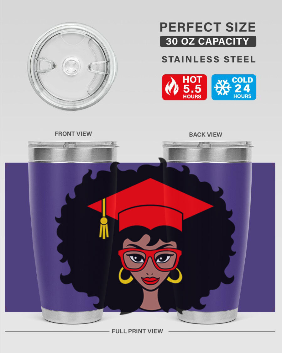 Graduation tumbler featuring a black woman design, available in 20oz and 30oz sizes, made of stainless steel.