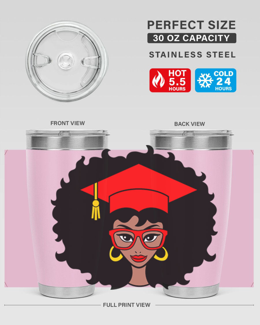 Graduation tumbler featuring a black woman design, available in 20oz and 30oz sizes, made of stainless steel.