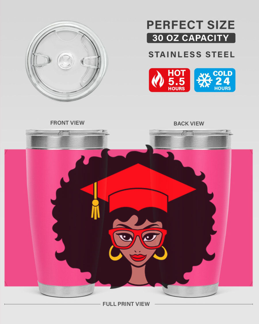 Graduation tumbler featuring a black woman design, available in 20oz and 30oz sizes, made of stainless steel.