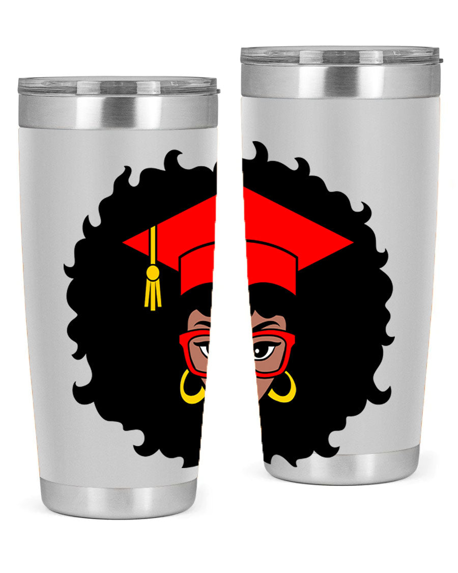 Graduation tumbler featuring a black woman design, available in 20oz and 30oz sizes, made of stainless steel.