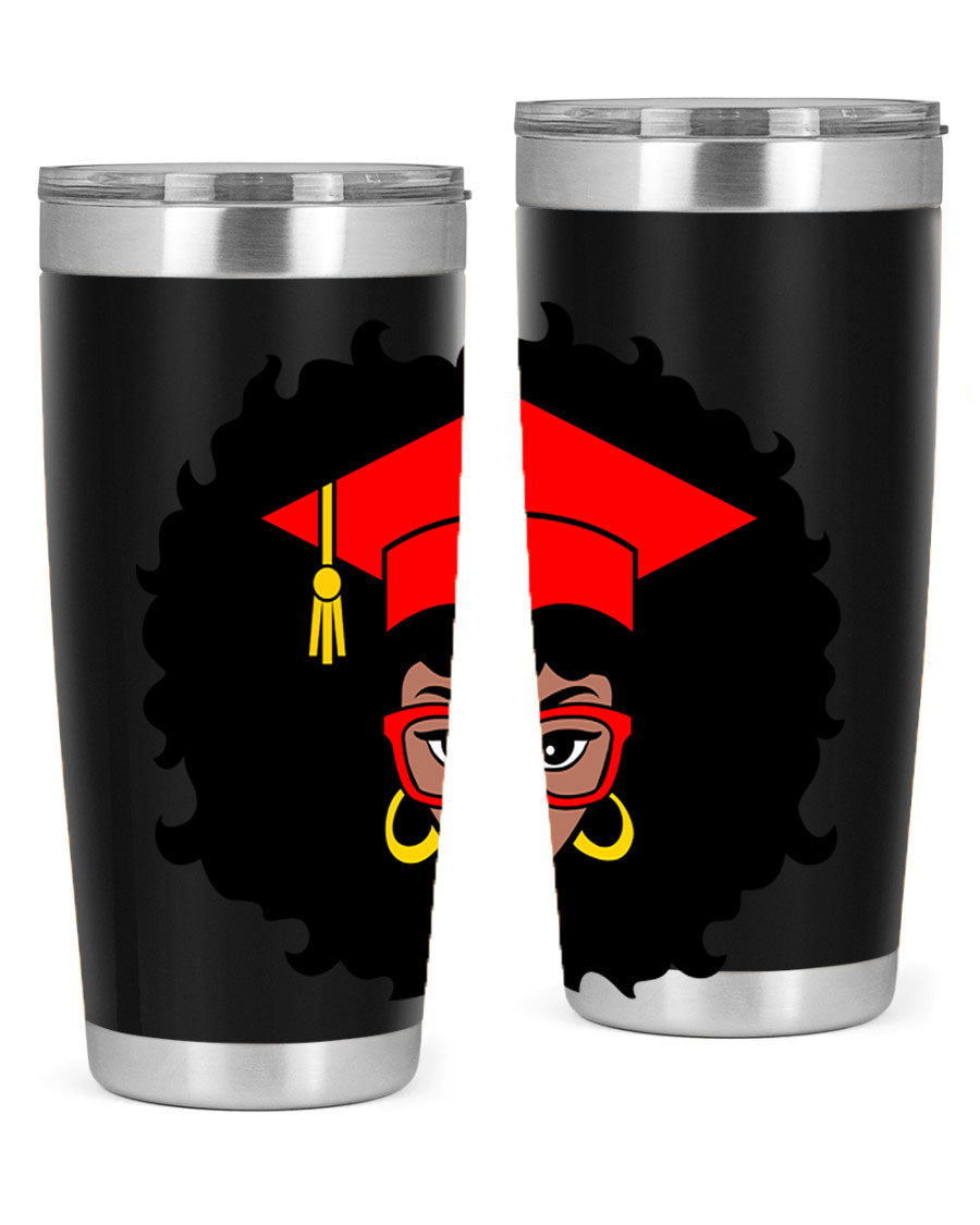 Graduation tumbler featuring a black woman design, available in 20oz and 30oz sizes, made of stainless steel.