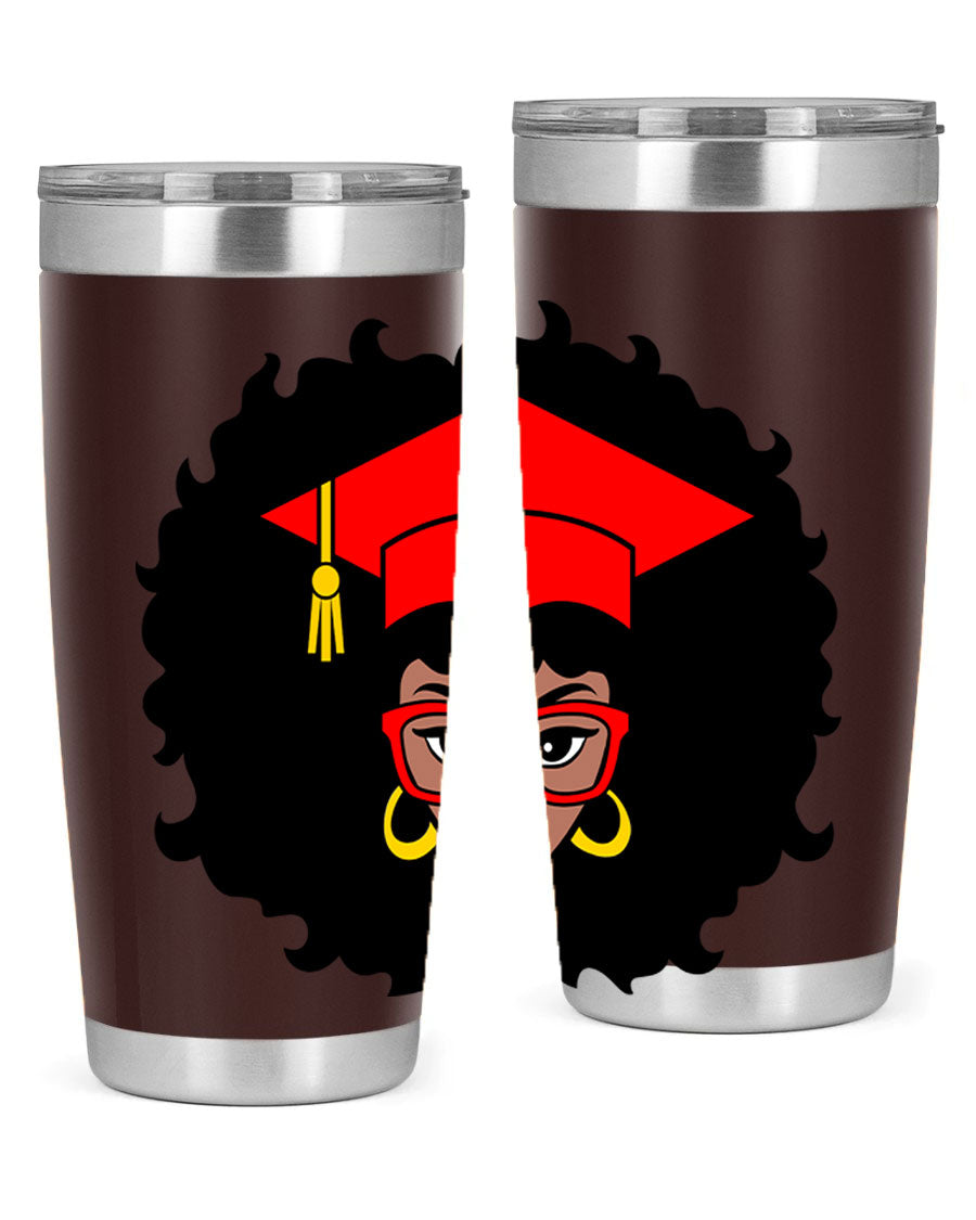 Graduation tumbler featuring a black woman design, available in 20oz and 30oz sizes, made of stainless steel.