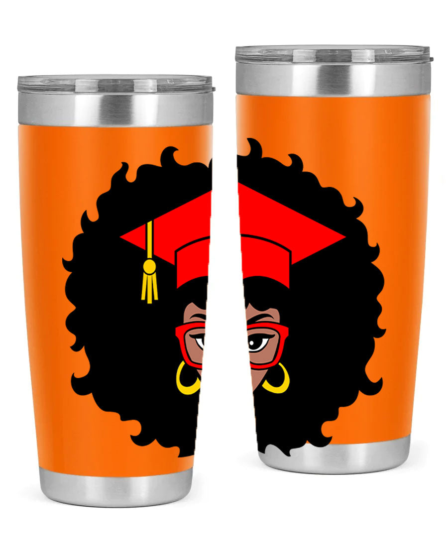 Graduation tumbler featuring a black woman design, available in 20oz and 30oz sizes, made of stainless steel.