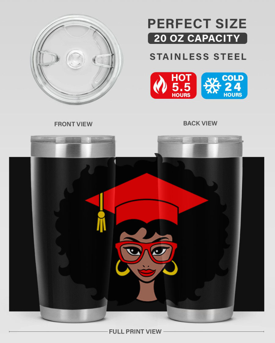Graduation tumbler featuring a black woman design, available in 20oz and 30oz sizes, made of stainless steel.